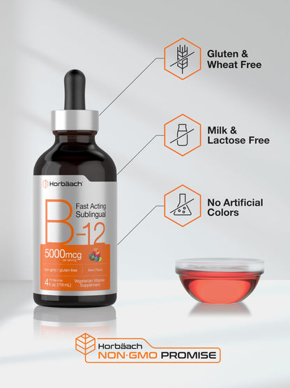 Horbaach B12 Vitamin 5000 mcg Sublingual Berry Flavor | 4 Fl Oz | Methylcobalamin & Cyanocobalamin | Non-GMO & Gluten Free