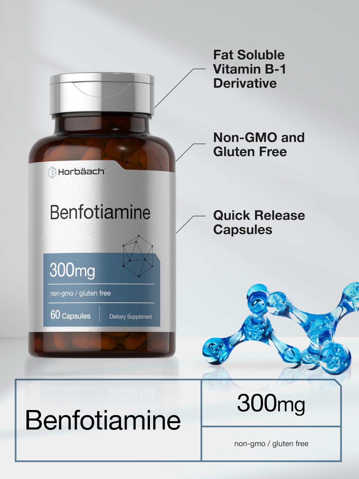 Horbaach Benfotiamine 300mg | 60 Capsules | Vitamin B1 Thiamine | Non-GMO & Gluten Free Supplement