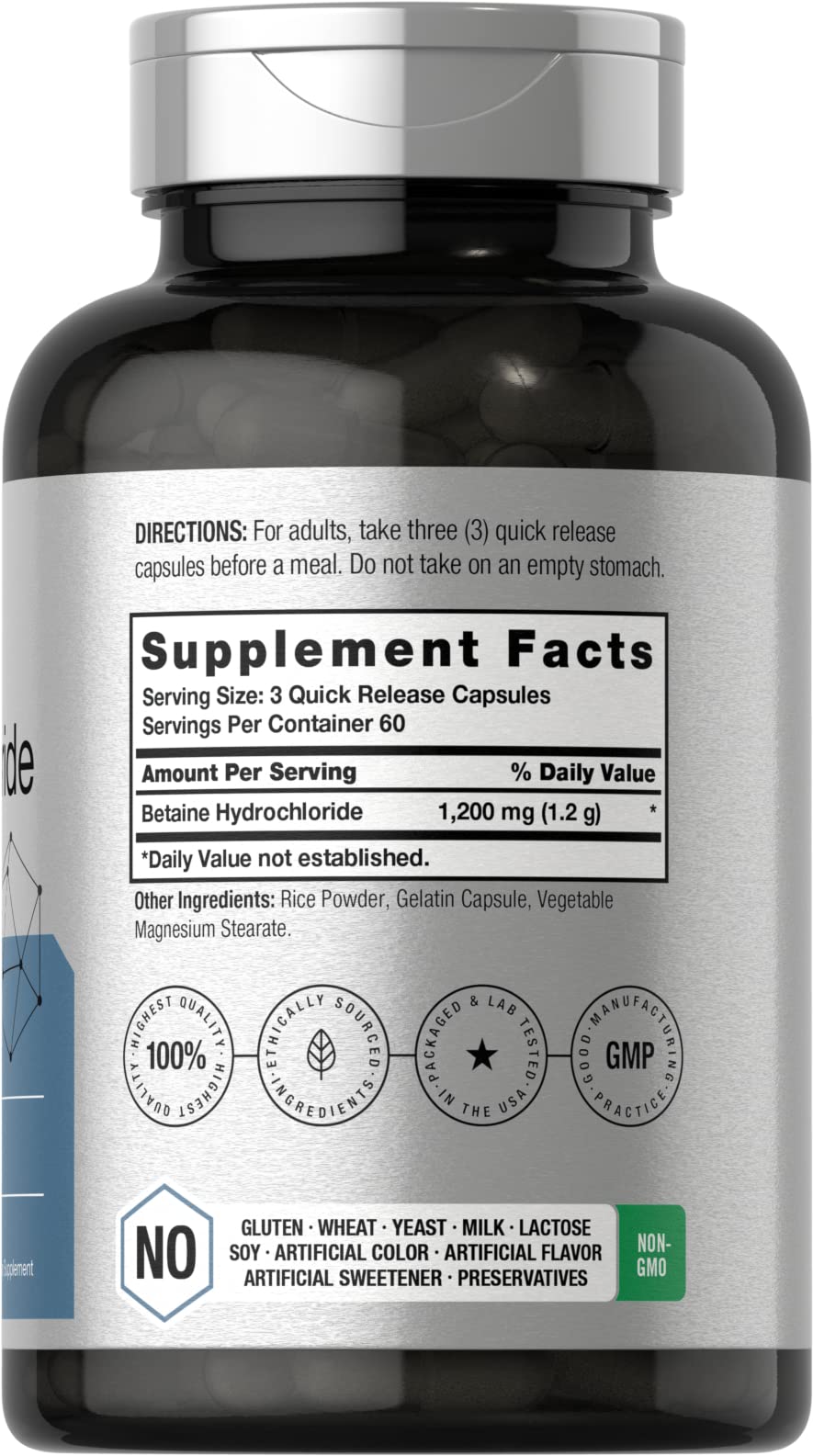 Horbäach Betaine HCl 1200mg – 180 Capsules | Non-GMO, Gluten Free