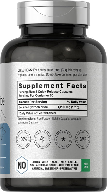Horbäach Betaine HCl 1200mg – 180 Capsules | Non-GMO, Gluten Free