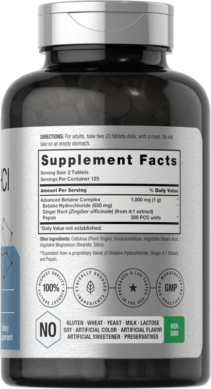 Horbäach Betaine HCl with Pepsin 1000 mg – 250 Tablets | Gluten Free, Non-GMO