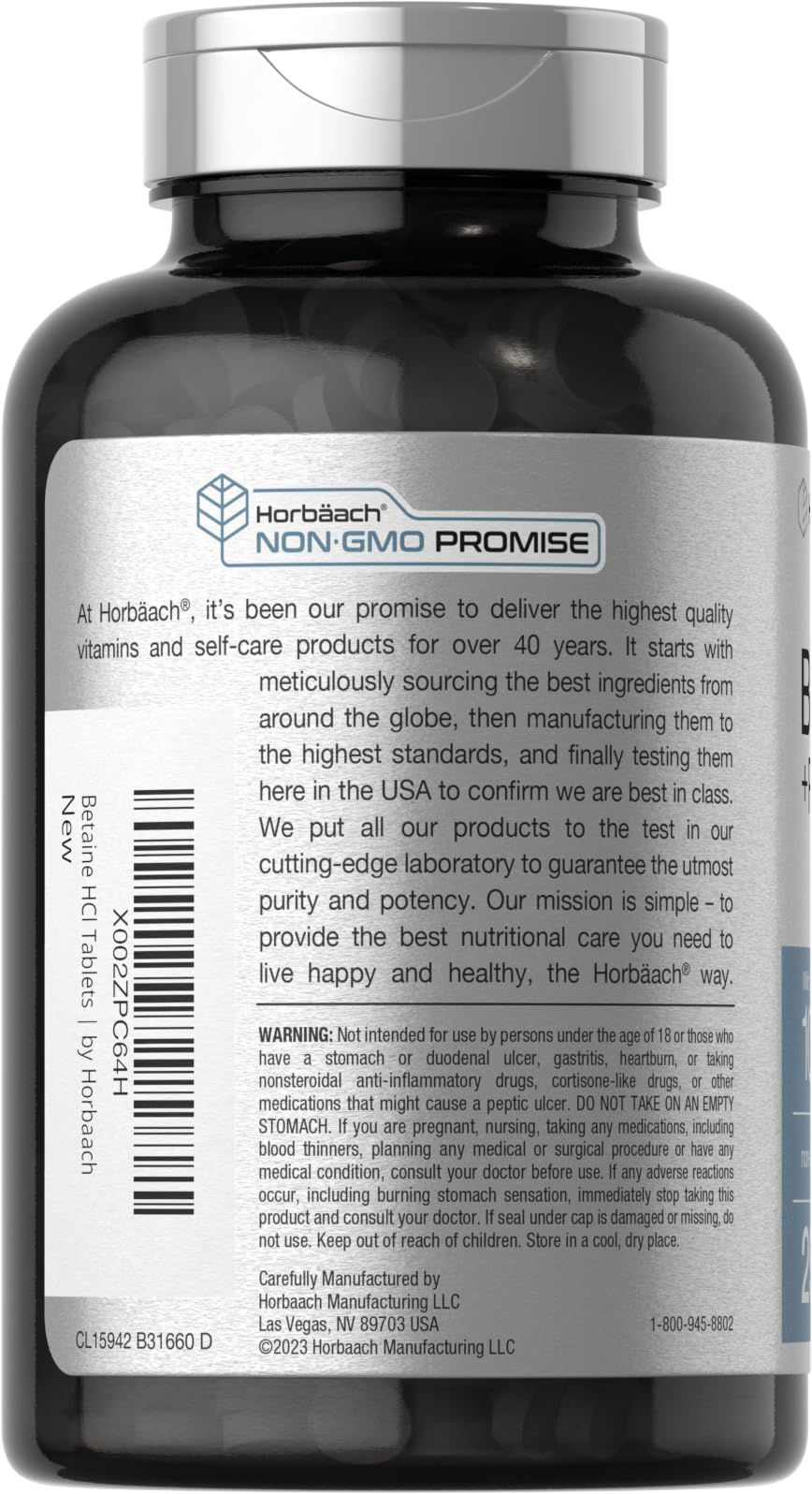 Horbäach Betaine HCl with Pepsin 1000 mg – 250 Tablets | Gluten Free, Non-GMO