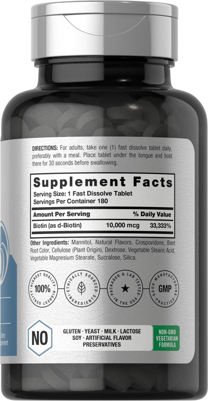 Horbäach Biotin 10000mcg | 180 Fast Dissolve Tablets | for Women & Men | Beauty Supplement | Vegetarian, Non-GMO, Gluten Free