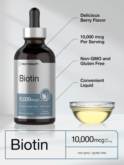 Horbäach Biotin Liquid Drops 10000mcg – Berry Flavor | Vegetarian, Non-GMO, Gluten Free