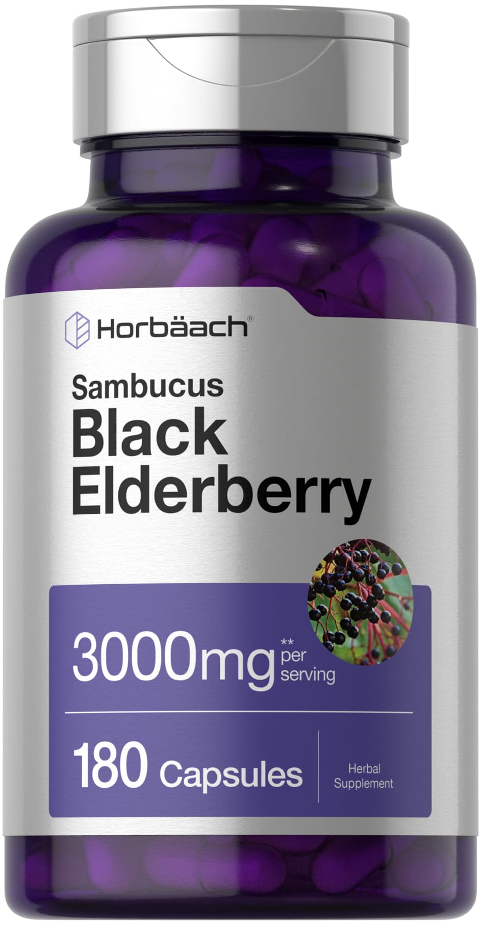Horbäach Black Elderberry 3000mg Capsules - 180 Count | Non-GMO, Gluten Free Sambucus Extract Supplement