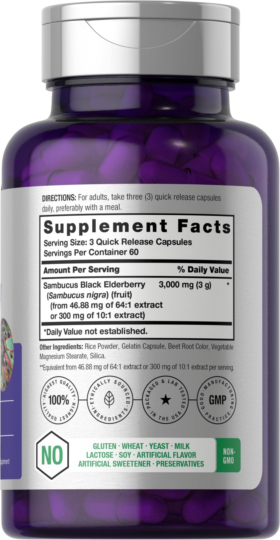 Horbäach Black Elderberry 3000mg Capsules - 180 Count | Non-GMO, Gluten Free Sambucus Extract Supplement