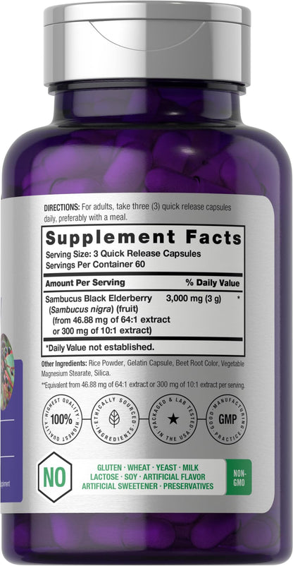 Horbäach Black Elderberry 3000mg Capsules - 180 Count | Non-GMO, Gluten Free Sambucus Extract Supplement