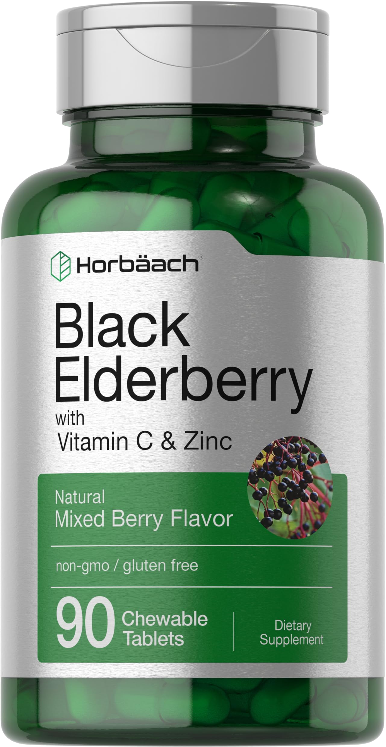 Horbaach Black Elderberry with Vitamin C and Zinc | 90 Chewable Tablets | Mixed Berry Flavor | Immune Support