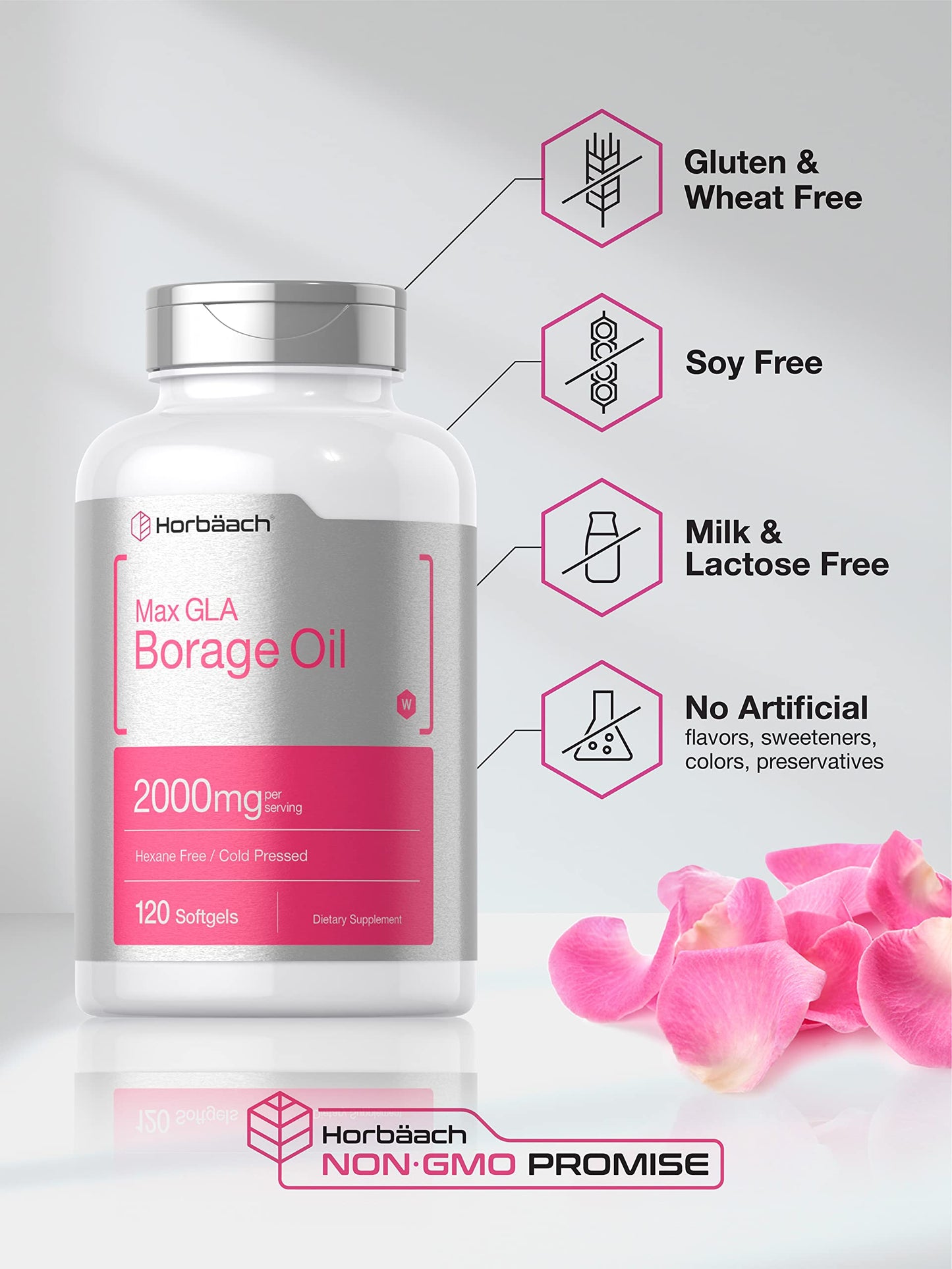 Horbäach Borage Oil Capsules 2000 mg | 120 Softgels | 320 mg GLA | Cold Pressed Seed Oil Supplement