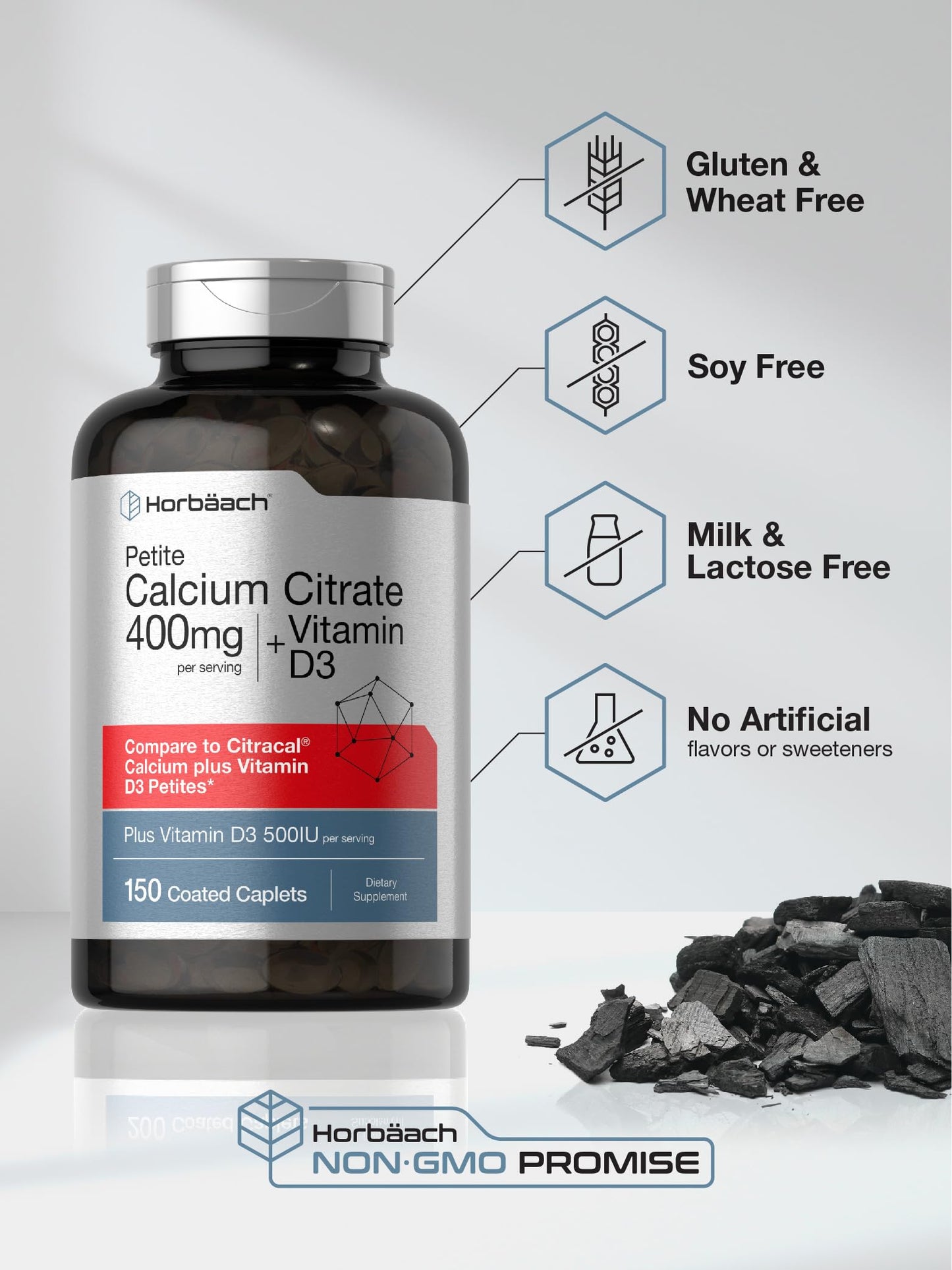 Horbäach Calcium Citrate with Vitamin D3 | 150 Petite Coated Caplets | Vegetarian, Non-GMO & Gluten Free
