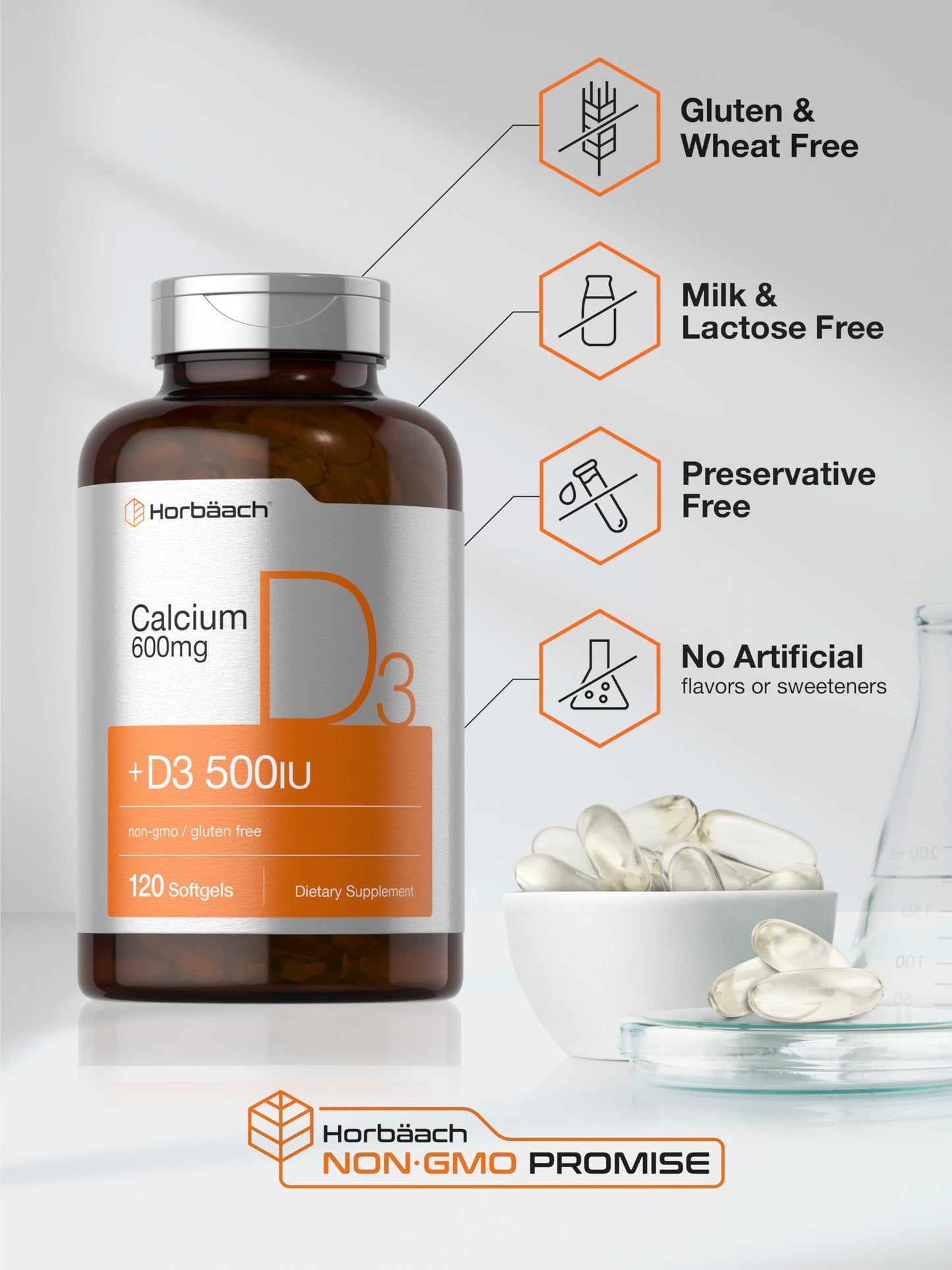 Horbäach Calcium Supplement with Vitamin D3 - 600 mg | 120 Softgels | Non-GMO & Gluten Free | For Men and Women