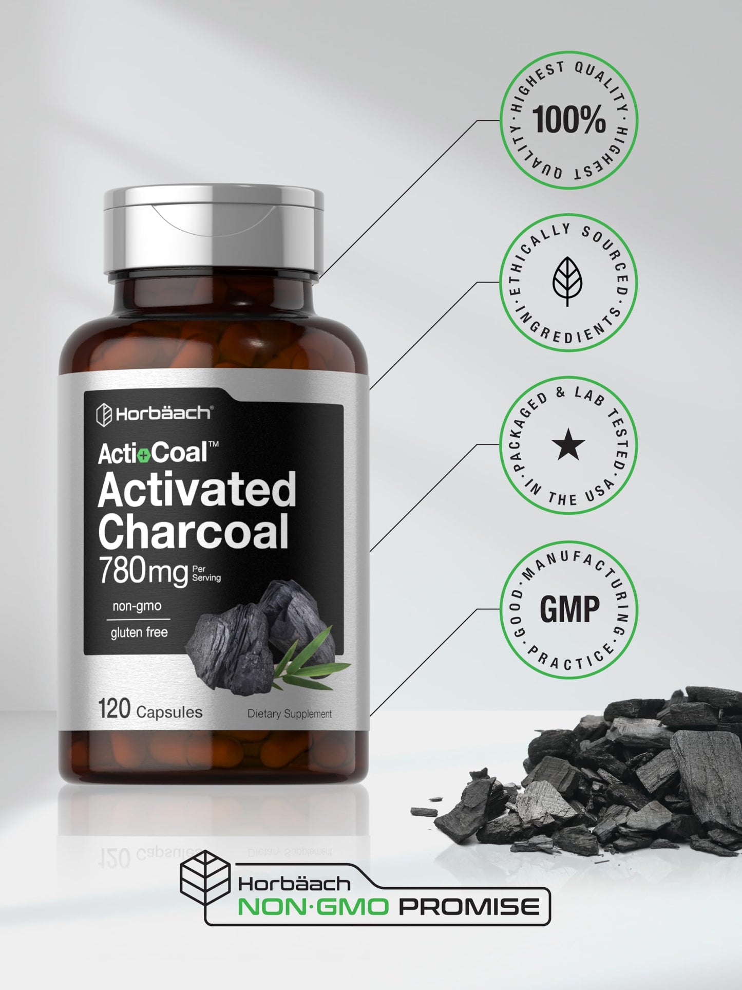 Horbäach Charcoal Pills 780mg – 120 Capsules | Activated Charcoal from Coconut Shells | Non-GMO & Gluten Free | Acti-Coal