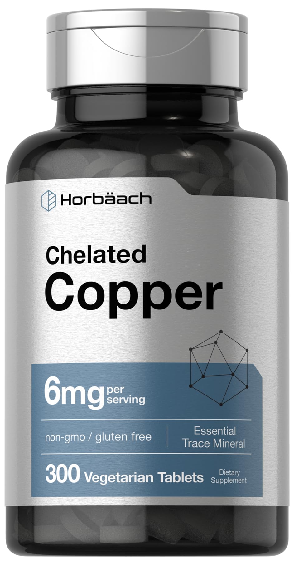 Horbäach Chelated Copper 6mg – 300 Tablets | Essential Trace Mineral | Vegetarian, Non-GMO, Gluten Free