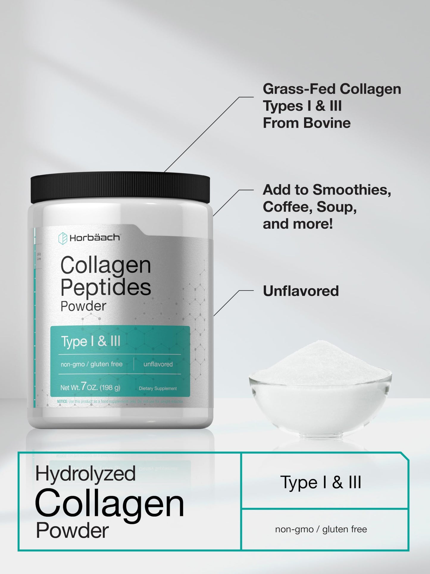 Horbäach Collagen Peptides Powder 7oz – Type I & III, Unflavored, Gluten Free