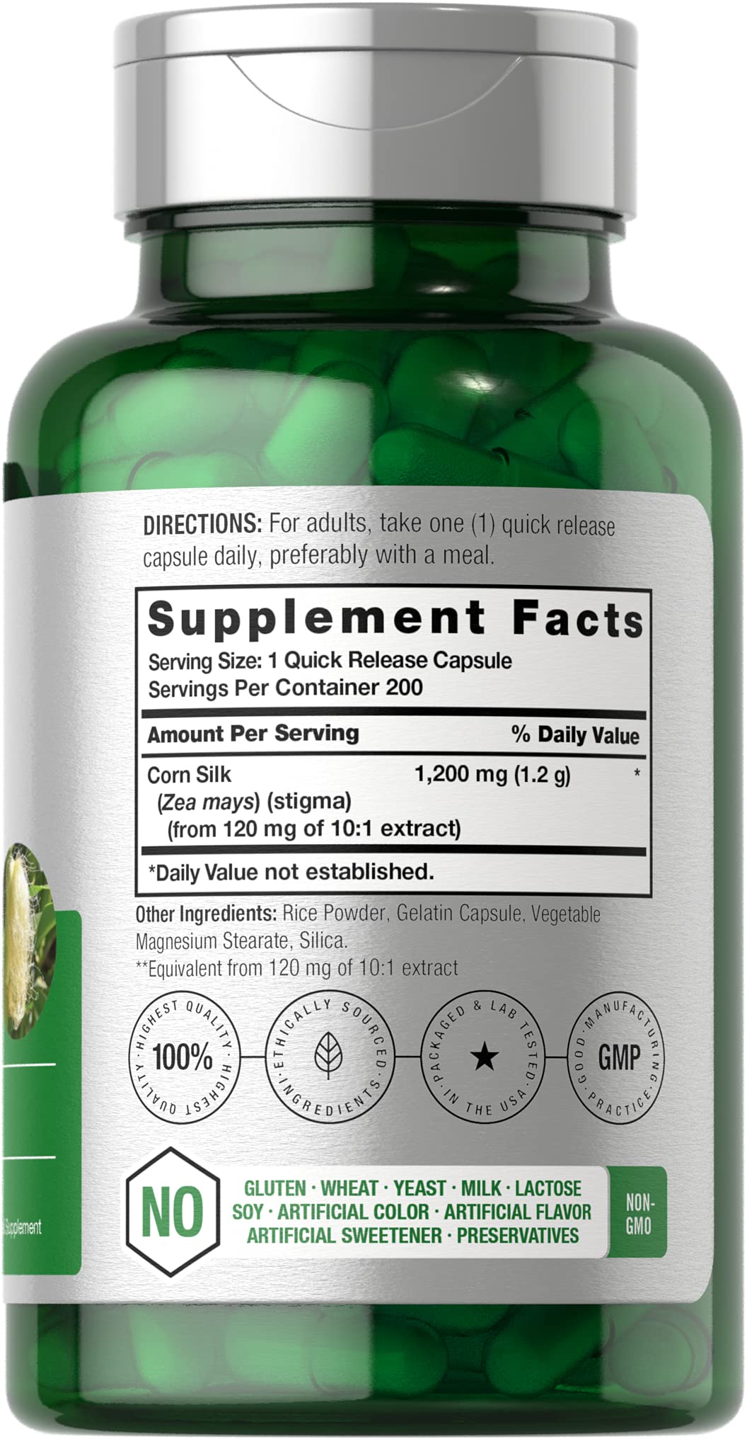 Horbäach Corn Silk Capsules 1200mg – 200 Count | Non-GMO, Gluten-Free