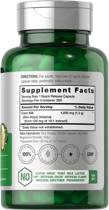 Horbäach Corn Silk Capsules 1200mg – 200 Count | Non-GMO, Gluten-Free