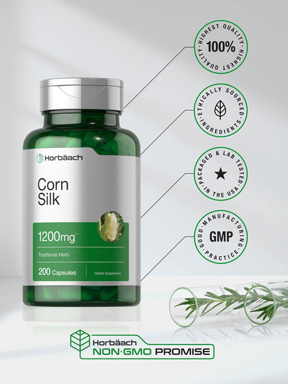 Horbäach Corn Silk Capsules 1200mg – 200 Count | Non-GMO, Gluten-Free