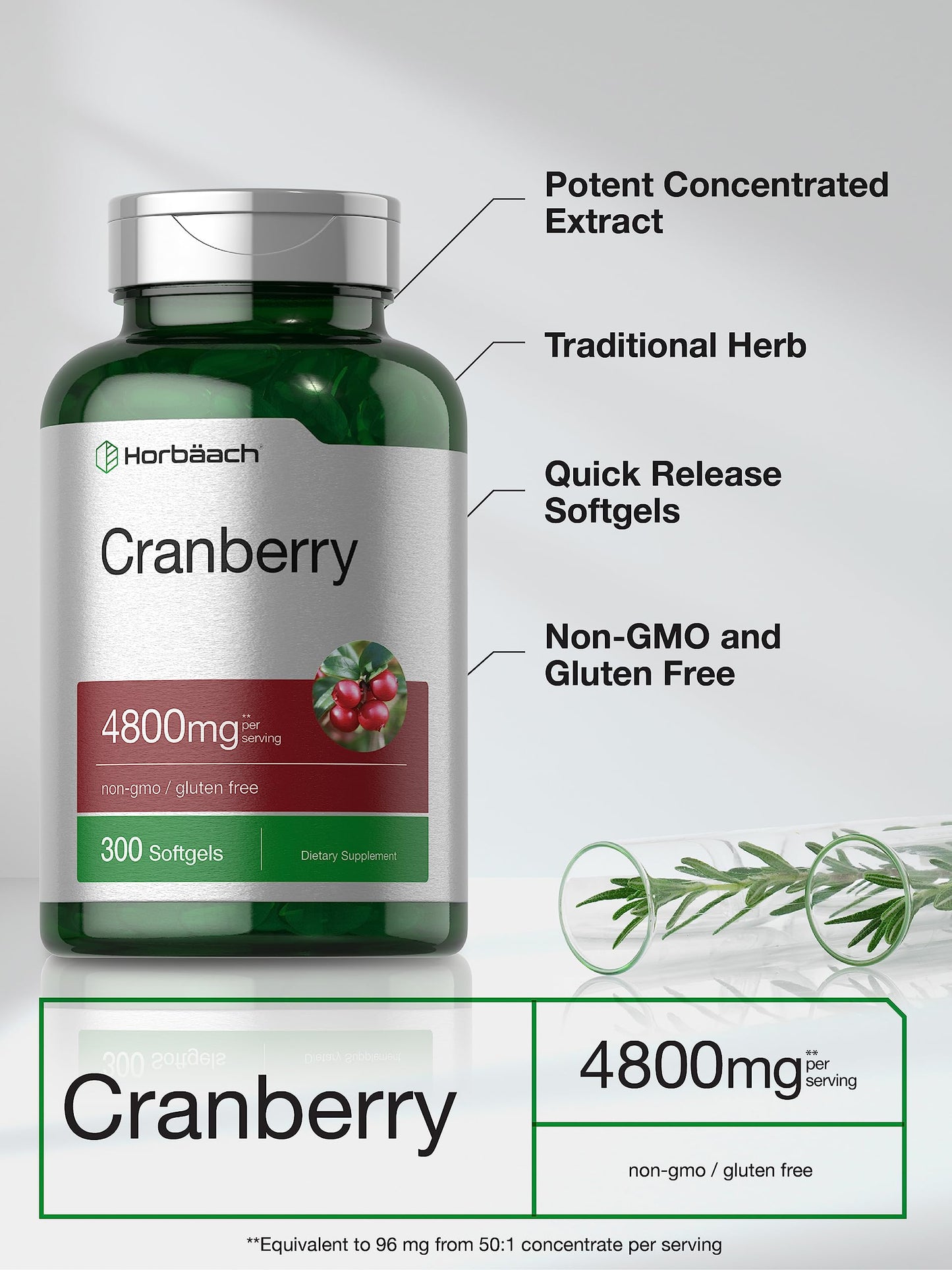 Horbäach Cranberry Pills 4800mg – 300 Softgels | Non-GMO, Gluten Free, From Concentrate