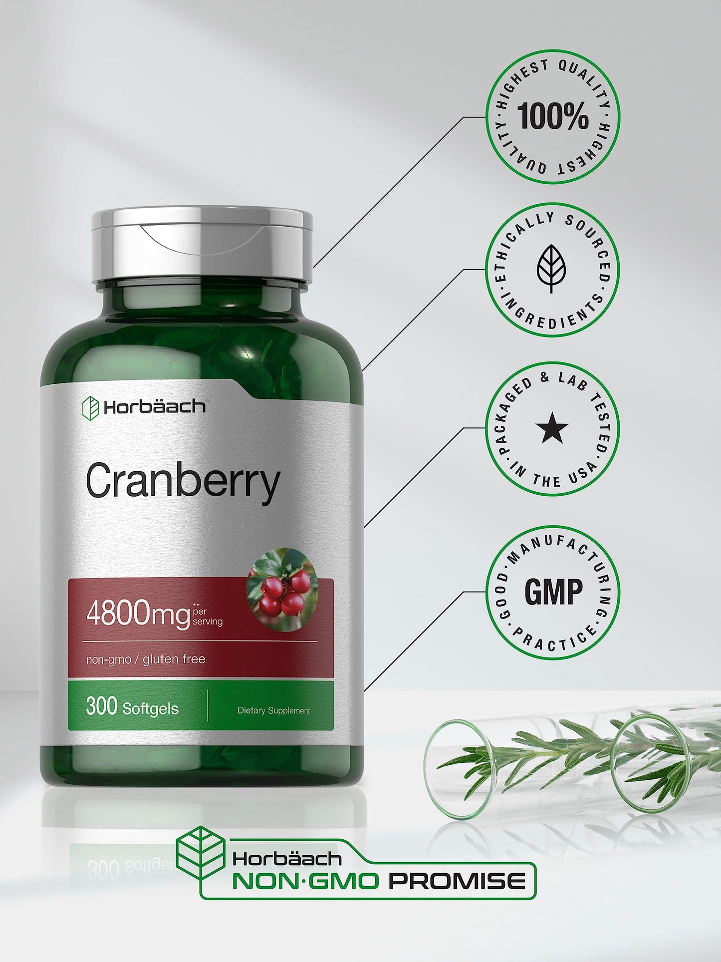 Horbäach Cranberry Pills 4800mg – 300 Softgels | Non-GMO, Gluten Free, From Concentrate