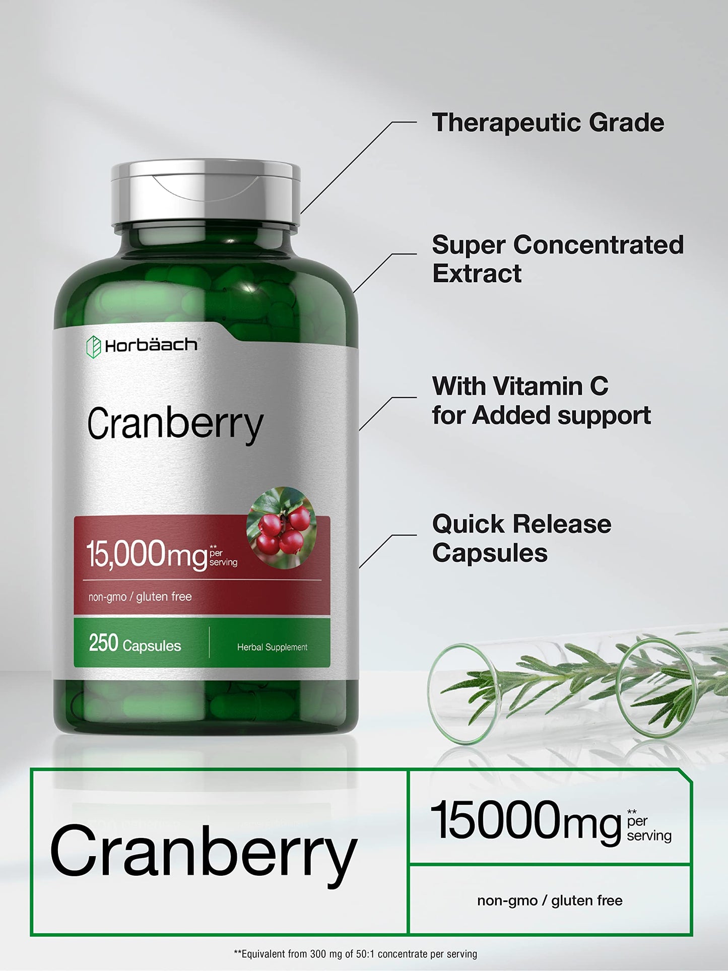 Horbäach Cranberry Pills + Vitamin C – 15,000mg, 250 Capsules | Non-GMO & Gluten Free (Concentrate Extract)