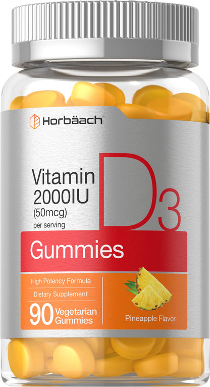 Horbäach Vitamin D3 2000 IU Gummies - 90 Count, Pineapple Flavor, Vegetarian, Non-GMO, Gluten Free