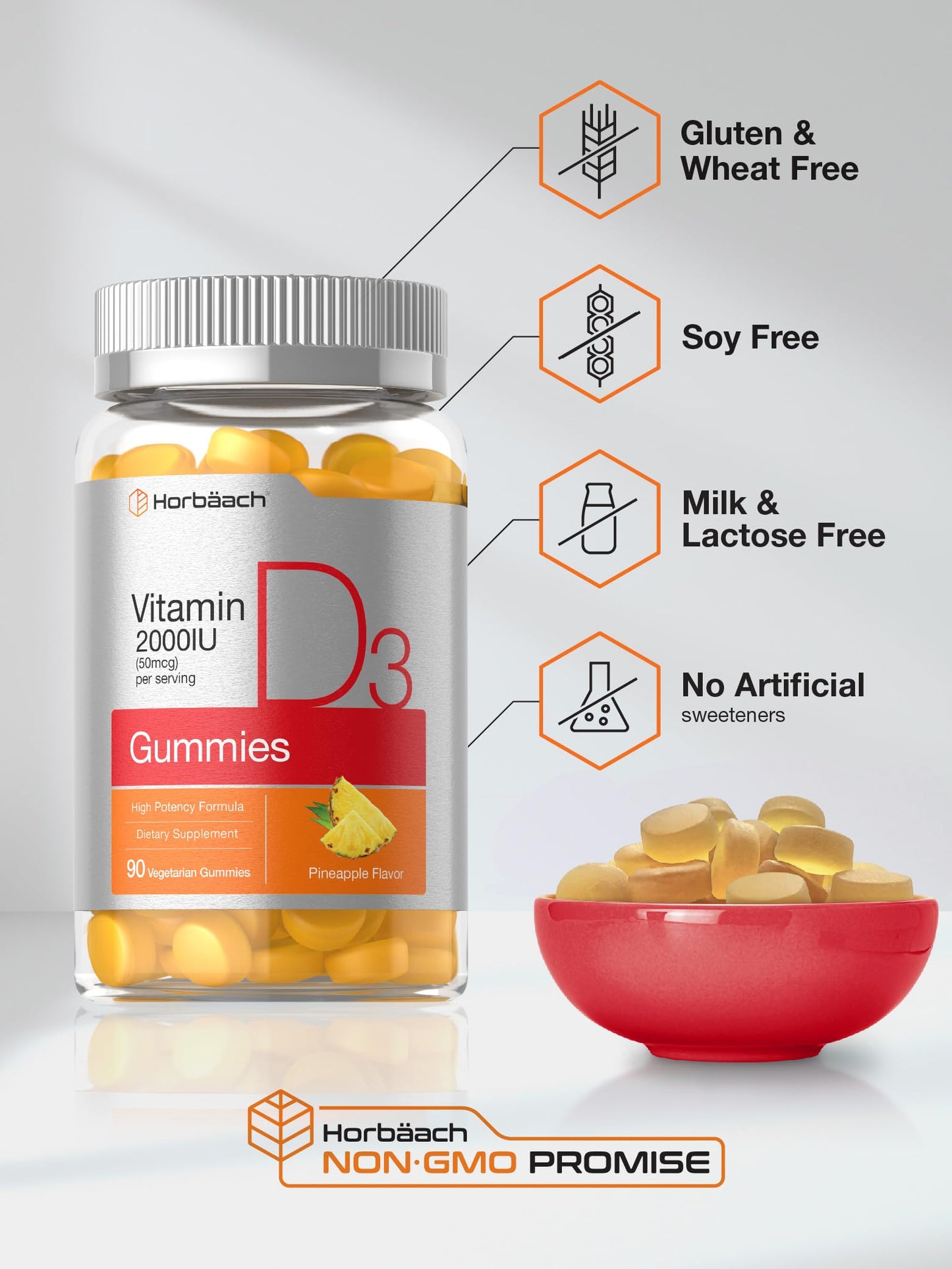 Horbäach Vitamin D3 2000 IU Gummies - 90 Count, Pineapple Flavor, Vegetarian, Non-GMO, Gluten Free