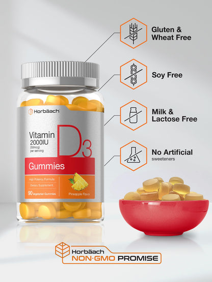Horbäach Vitamin D3 2000 IU Gummies - 90 Count, Pineapple Flavor, Vegetarian, Non-GMO, Gluten Free