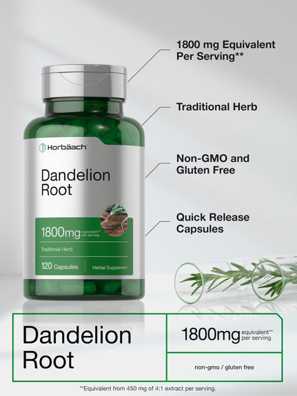 Horbäach Dandelion Root 1800mg - 120 Capsules | Non-GMO, Gluten Free