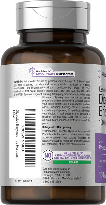Horbäach Essential Digestive Enzymes – 100 Capsules | Non-GMO & Gluten Free