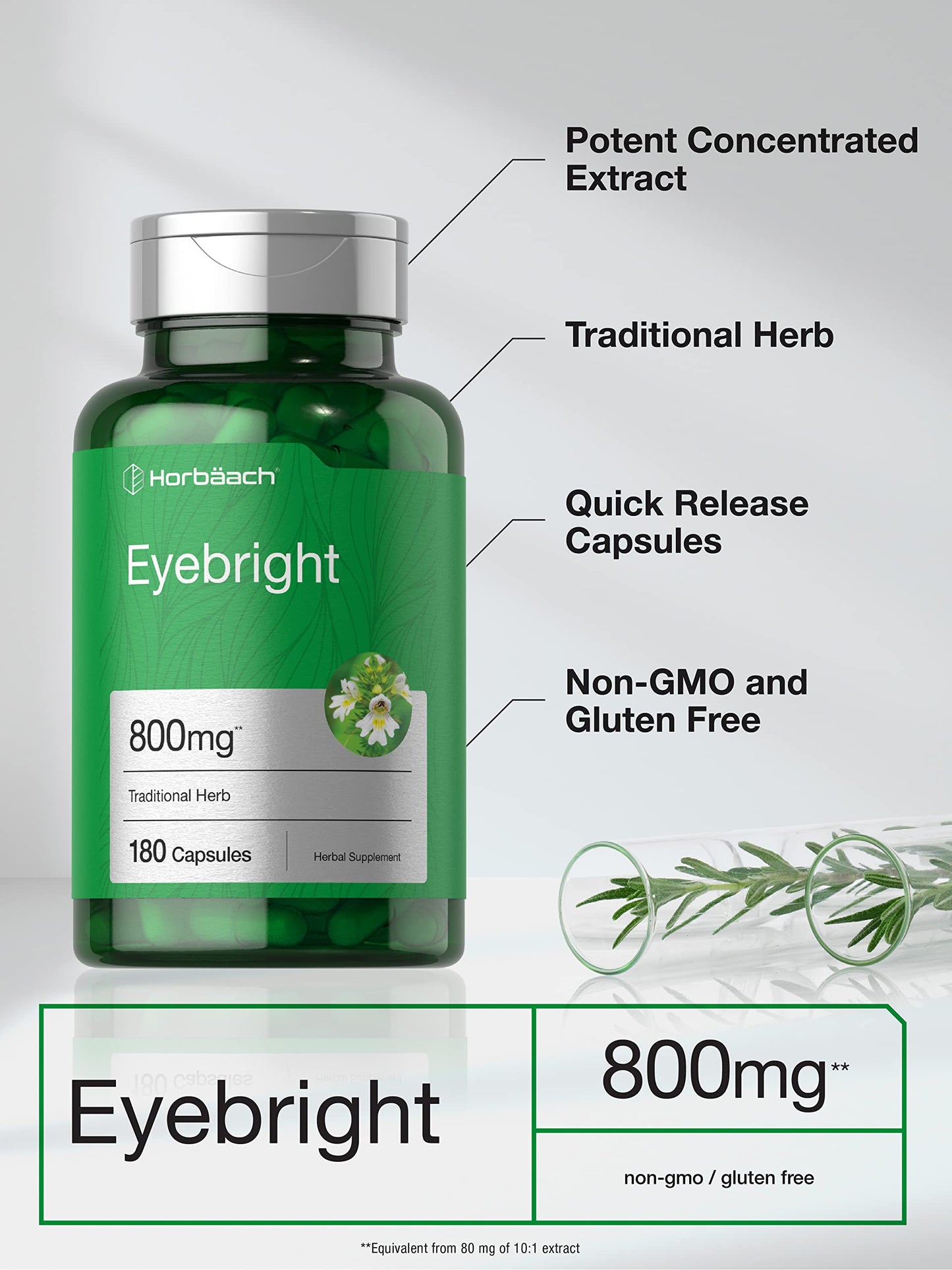Horbäach Eyebright Herbal Supplement 800mg | 180 Capsules | Non-GMO & Gluten Free