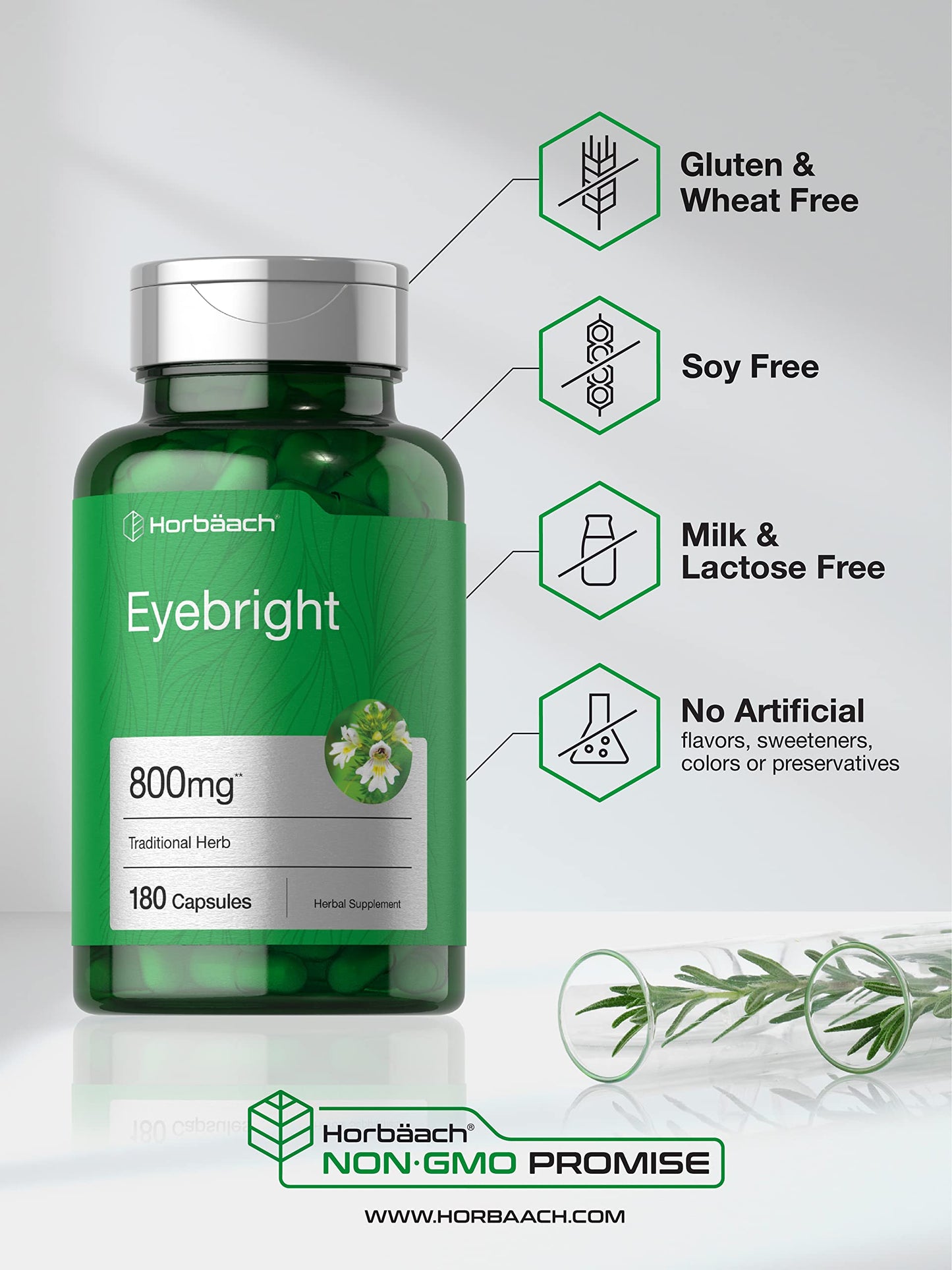 Horbäach Eyebright Herbal Supplement 800mg | 180 Capsules | Non-GMO & Gluten Free