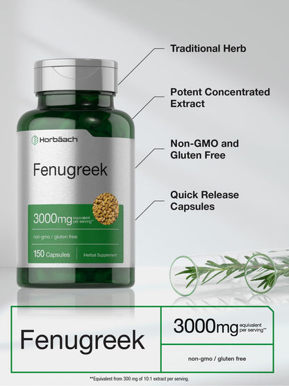 Horbäach Fenugreek Capsules 3000 mg | 150 Count | Non-GMO & Gluten Free