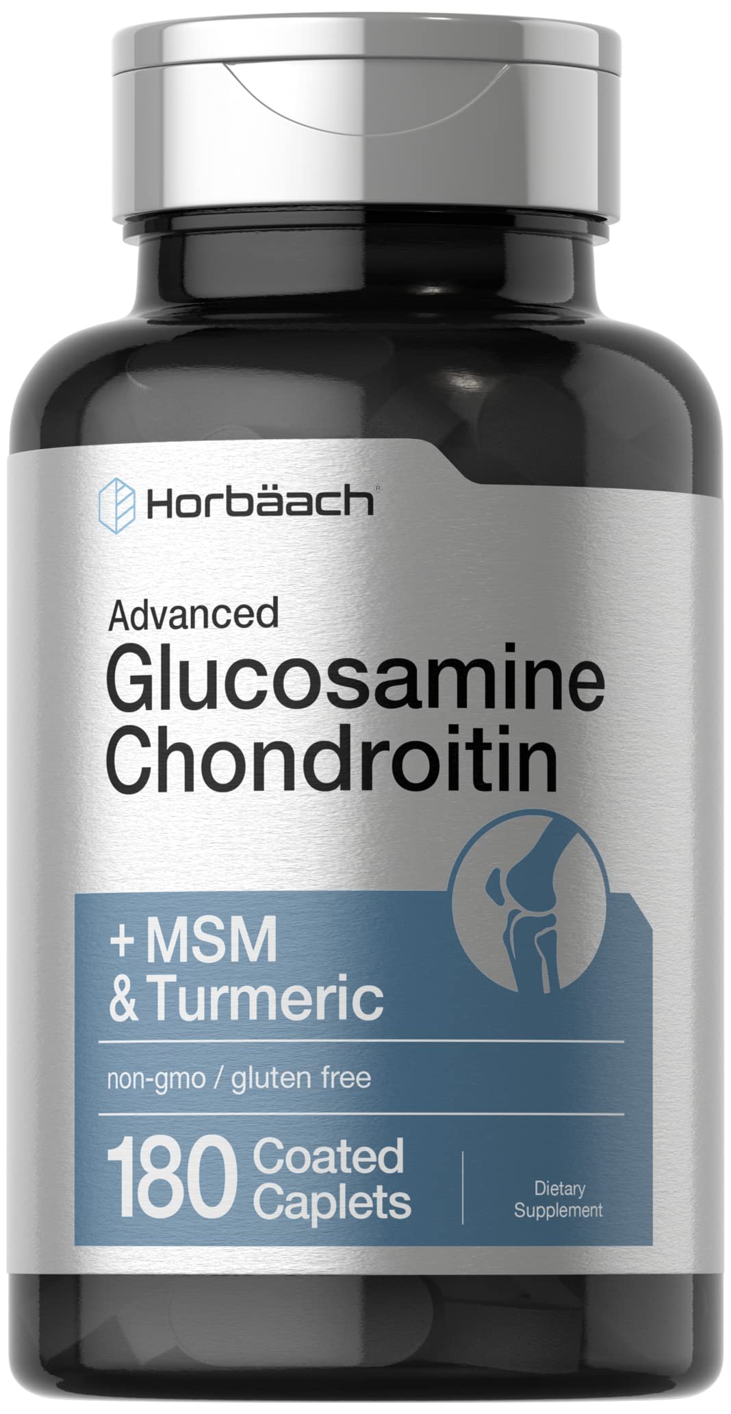 Horbäach Glucosamine Chondroitin + MSM & Turmeric | 180 Coated Caplets | Non-GMO Gluten Free