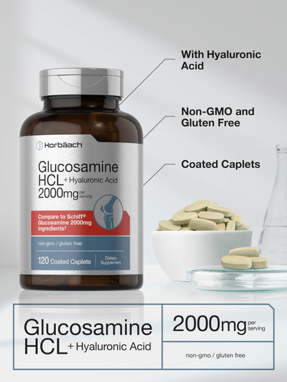 Horbäach Glucosamine HCL with Hyaluronic Acid – 2000mg (120 Caplets) | Non-GMO, Gluten Free