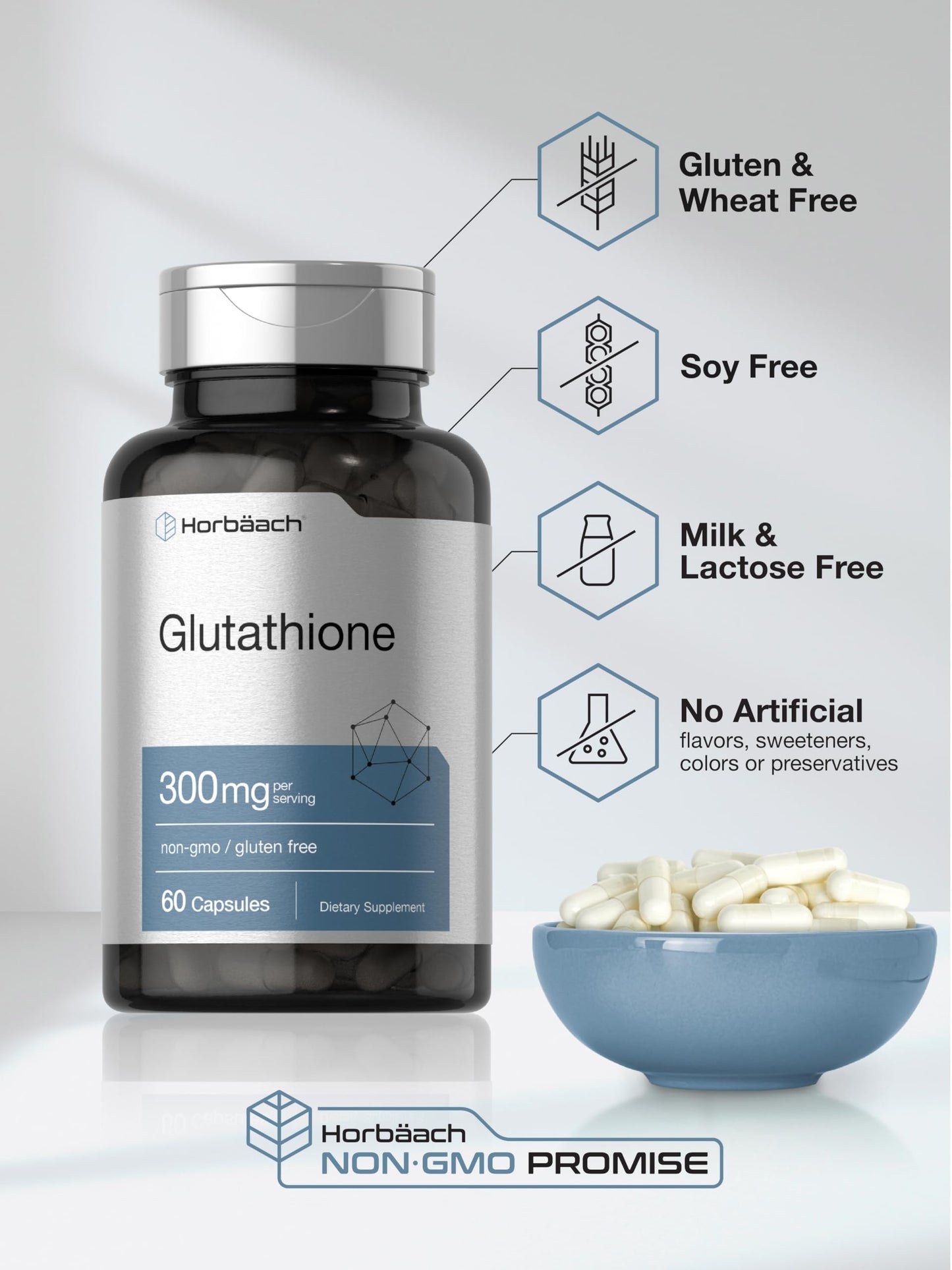 Horbaach Glutathione Supplement – 300 mg, 60 Capsules – Non-GMO & Gluten Free (Reduced Form)