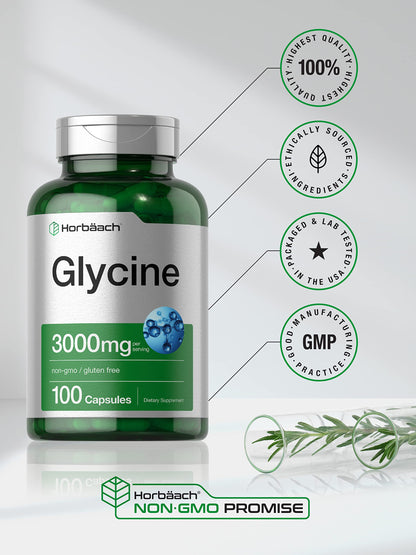Horbäach Glycine 3000mg Supplement – 100 Powder Capsules | Non-GMO, Gluten Free