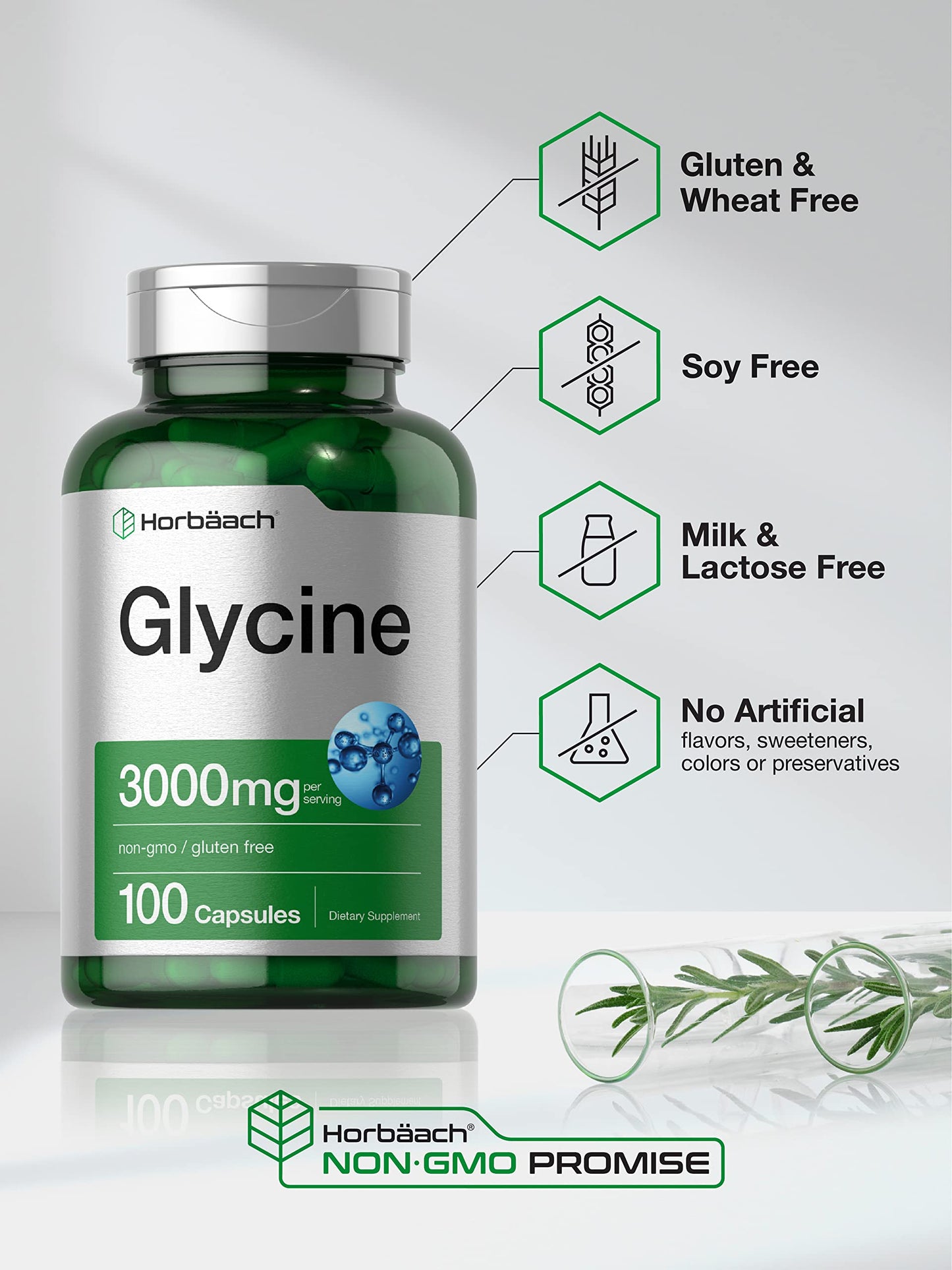 Horbäach Glycine 3000mg Supplement – 100 Powder Capsules | Non-GMO, Gluten Free