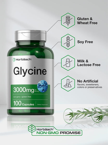 Horbäach Glycine 3000mg Supplement – 100 Powder Capsules | Non-GMO, Gluten Free