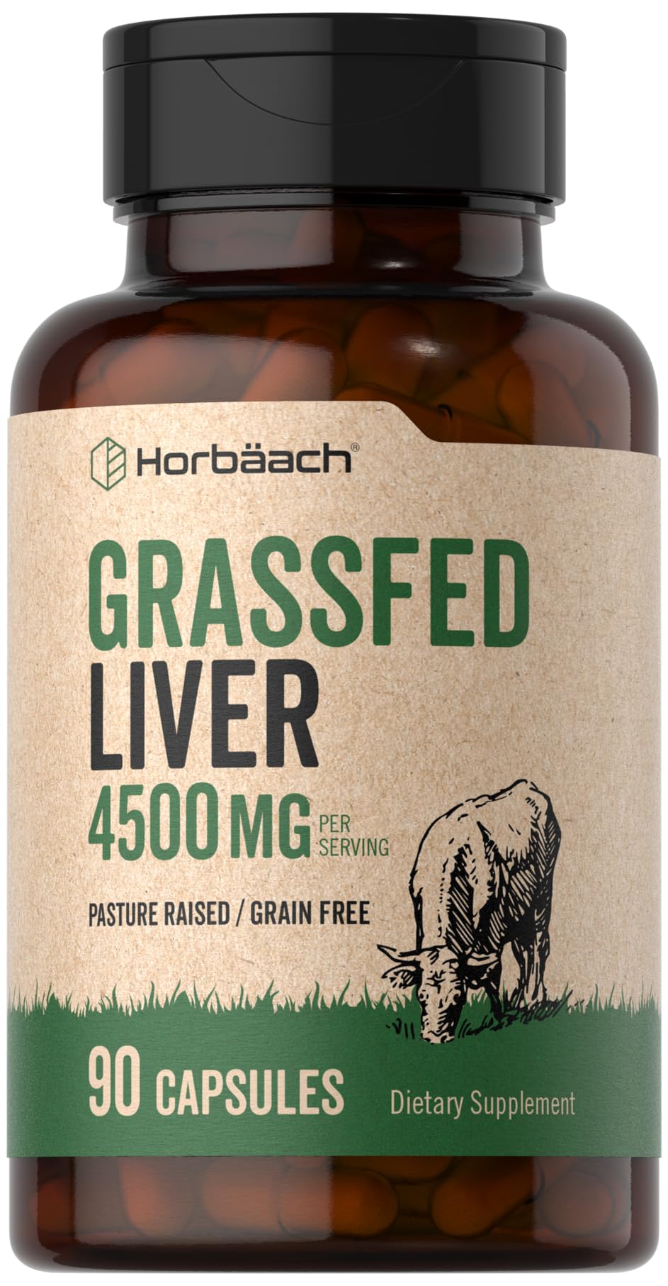 Horbäach Grass Fed Beef Liver – 4500mg, 90 Capsules
