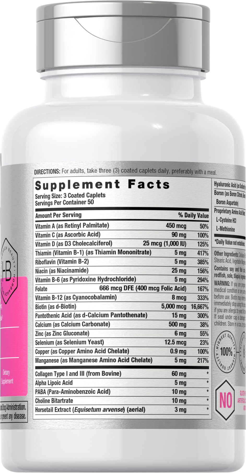 Horbäach Hair Skin & Nails Vitamins – 150 Caplets with Biotin & Collagen