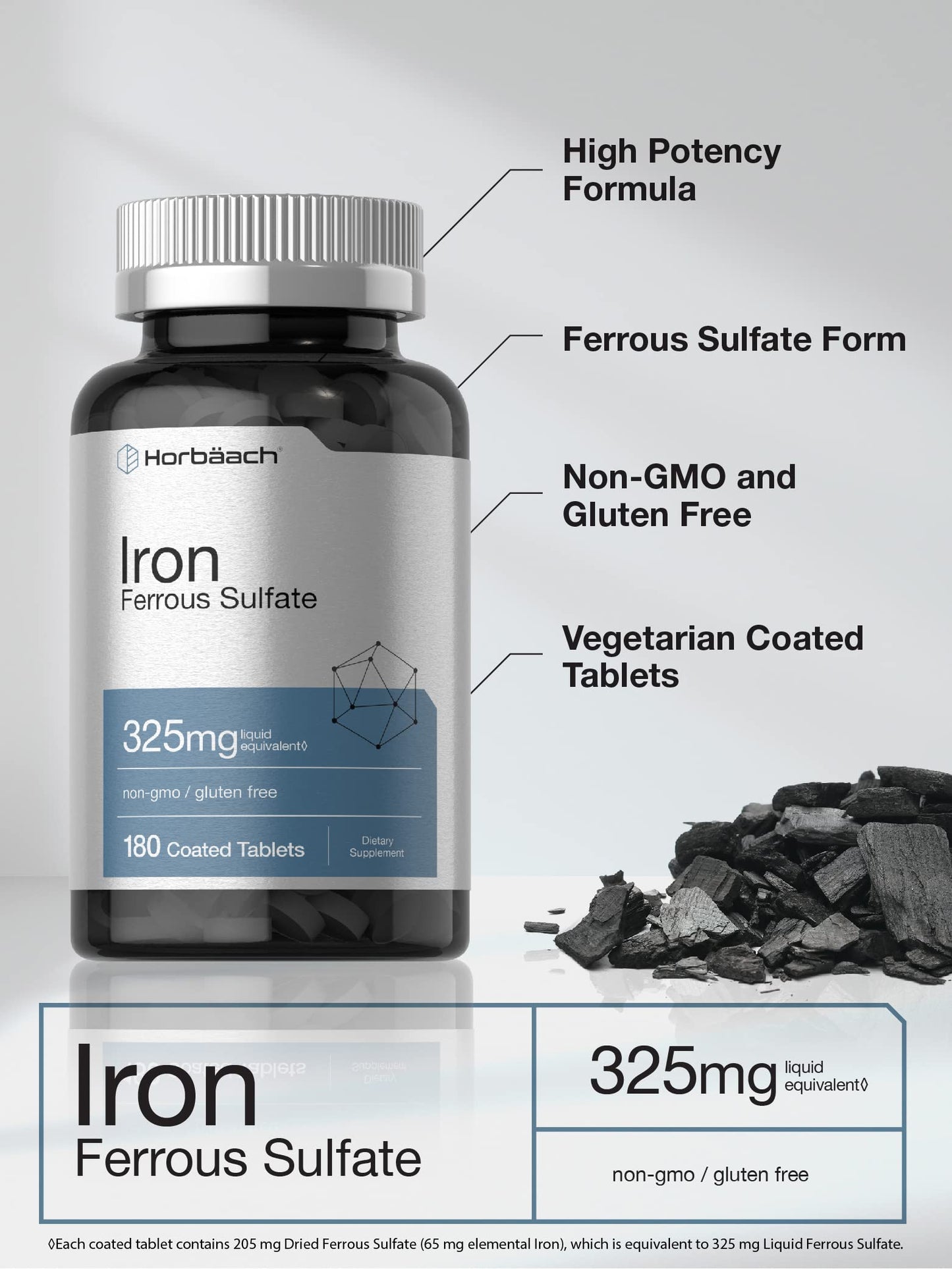 Horbäach Iron Ferrous Sulfate 325mg – 180 Count | Vegetarian, Non-GMO & Gluten Free
