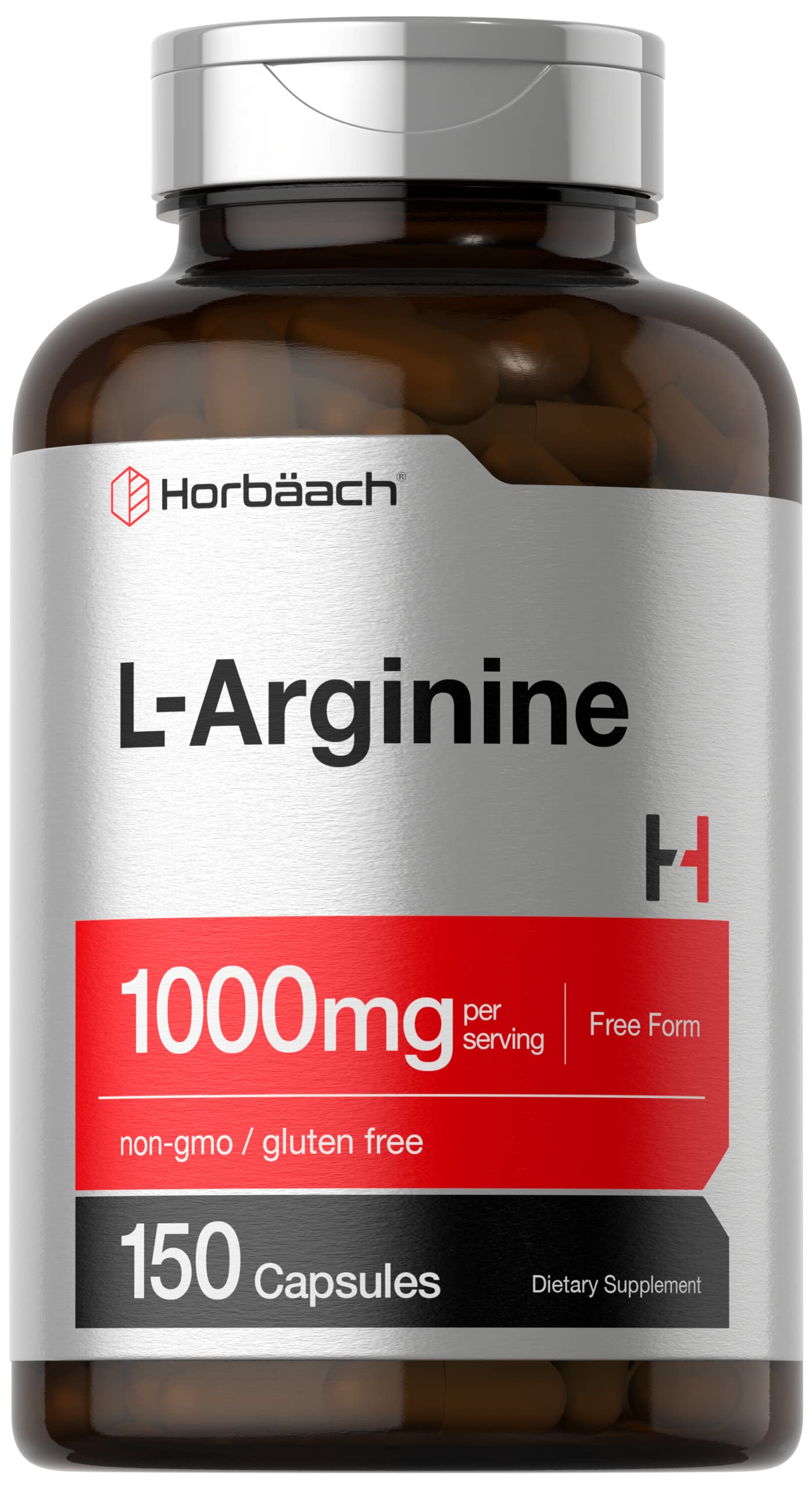 Horbäach L-Arginine 1000mg Capsules – Free-Form, Non-GMO & Gluten Free | 150 Powder Pills