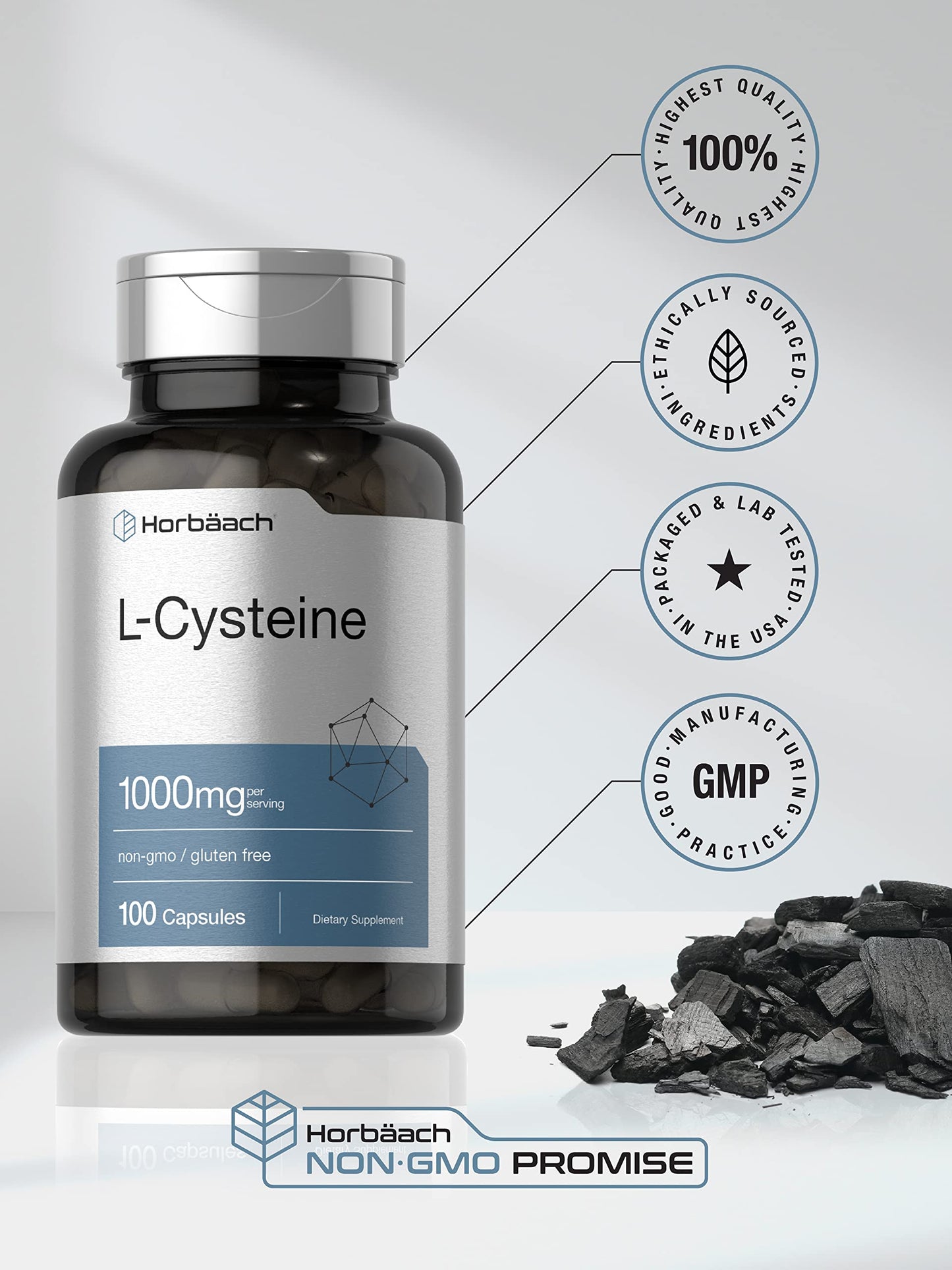 Horbäach L-Cysteine 1000mg – 100 Powder Capsules | Non-GMO, Gluten Free