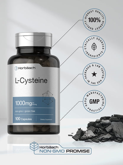 Horbäach L-Cysteine 1000mg – 100 Powder Capsules | Non-GMO, Gluten Free