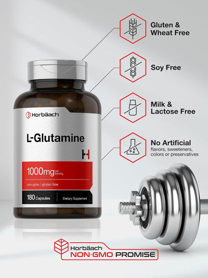 Horbaach L-Glutamine Capsules 1000mg – 180 Count | Non-GMO & Gluten Free | Pre & Post Workout