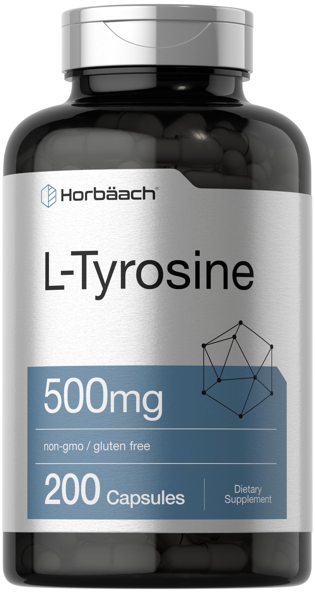 Horbäach L-Tyrosine Supplement | 500mg | 200 Capsules | Free Form | Non-GMO, Gluten Free