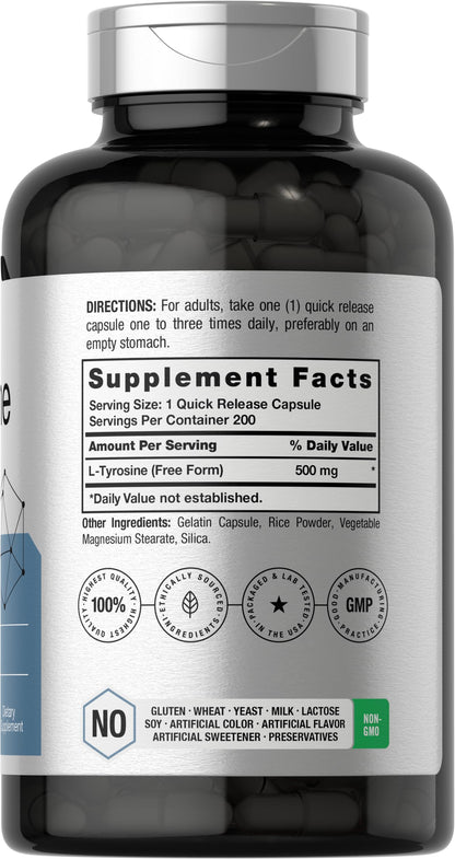 Horbäach L-Tyrosine Supplement | 500mg | 200 Capsules | Free Form | Non-GMO, Gluten Free