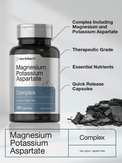 Horbäach Magnesium Potassium Aspartate Complex | 180 Capsules | Non-GMO & Gluten Free Formula