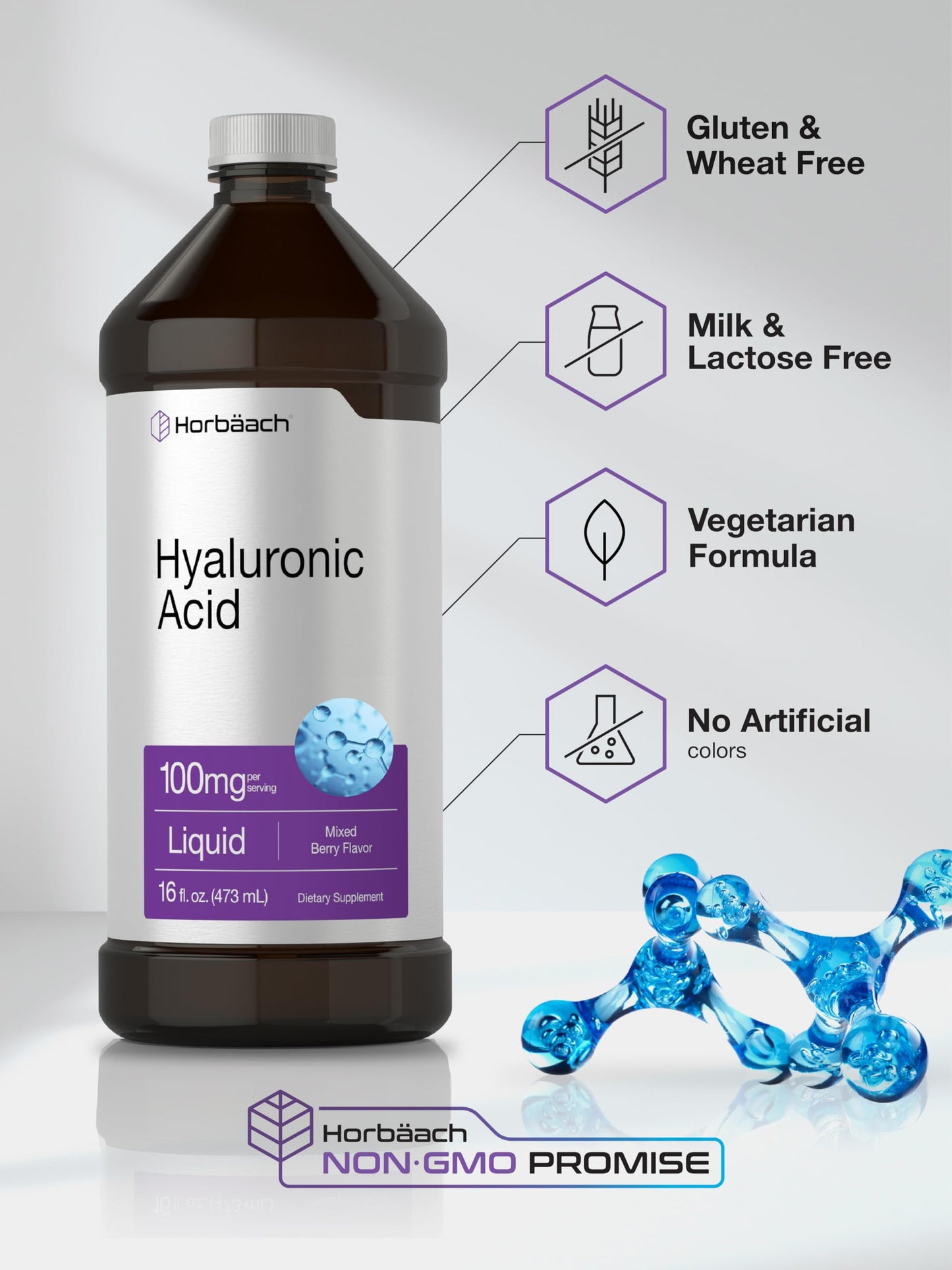 Horbäach Liquid Hyaluronic Acid Supplement – 100 mg, 16 oz, Mixed Berry, Non-GMO & Gluten Free