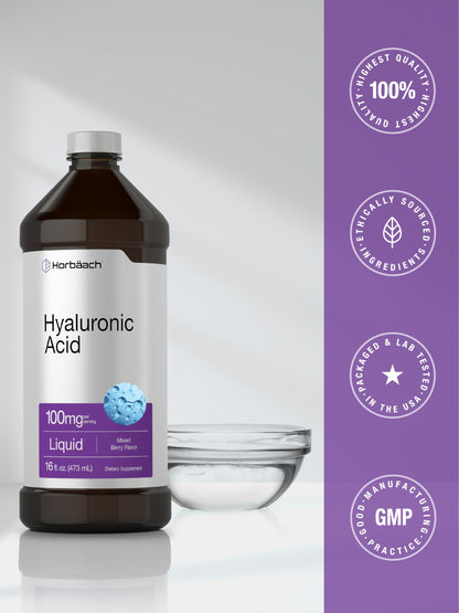 Horbäach Liquid Hyaluronic Acid Supplement – 100 mg, 16 oz, Mixed Berry, Non-GMO & Gluten Free